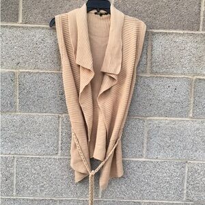 Kobi Halperin Izzie Beige Ribbed Knit Cardigan Vest Women X-Small Stretch Belted